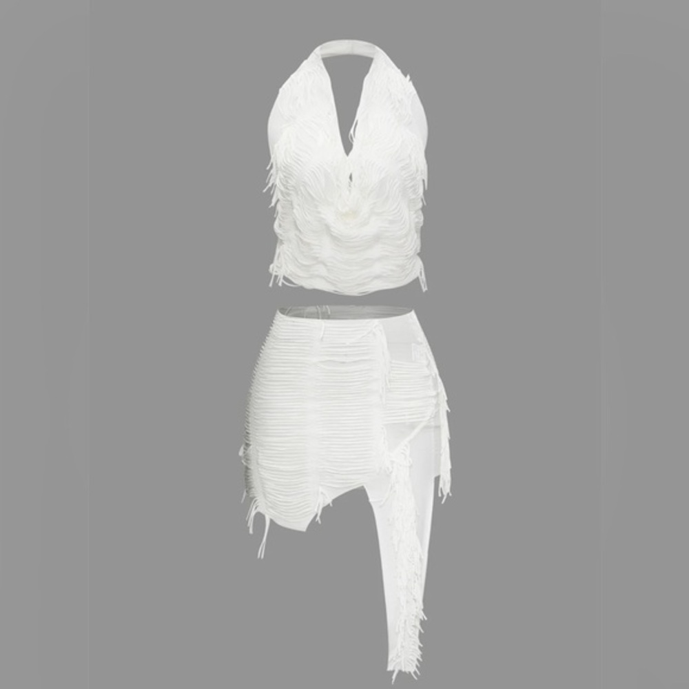 Micas Distressed Halter Cami Top And Asymmetrical Mini Skirt Set L CC12-14